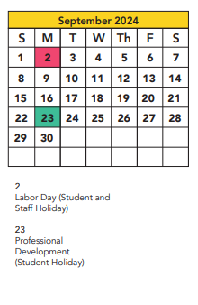 District School Academic Calendar for Slaton Middle School for September 2024