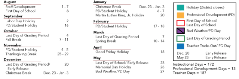 District School Academic Calendar Key for Magnolia Junior High