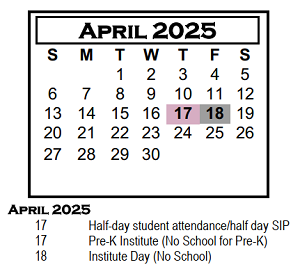District School Academic Calendar for Chiddix Jr High School for April 2025