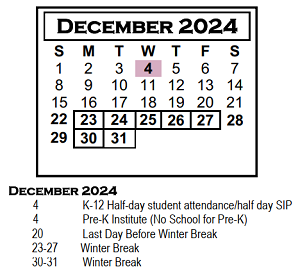 District School Academic Calendar for Chiddix Jr High School for December 2024