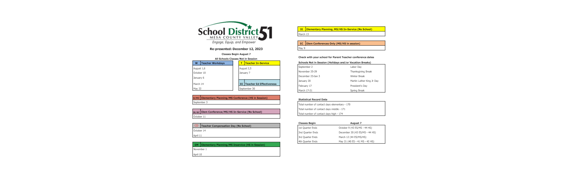 District School Academic Calendar Key for Independence Academy