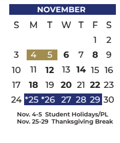District School Academic Calendar for P A S S Learning Ctr for November 2024