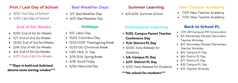 District School Academic Calendar Key for Alamo Junior High