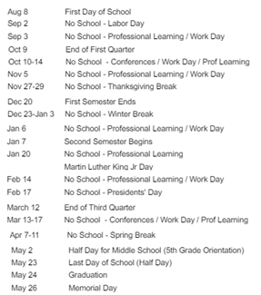 District School Academic Calendar Legend for Middle School Alternative Prog