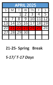 District School Academic Calendar for K J Clark Middle School for April 2025