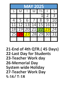 District School Academic Calendar for Calloway Smith Middle School for May 2025