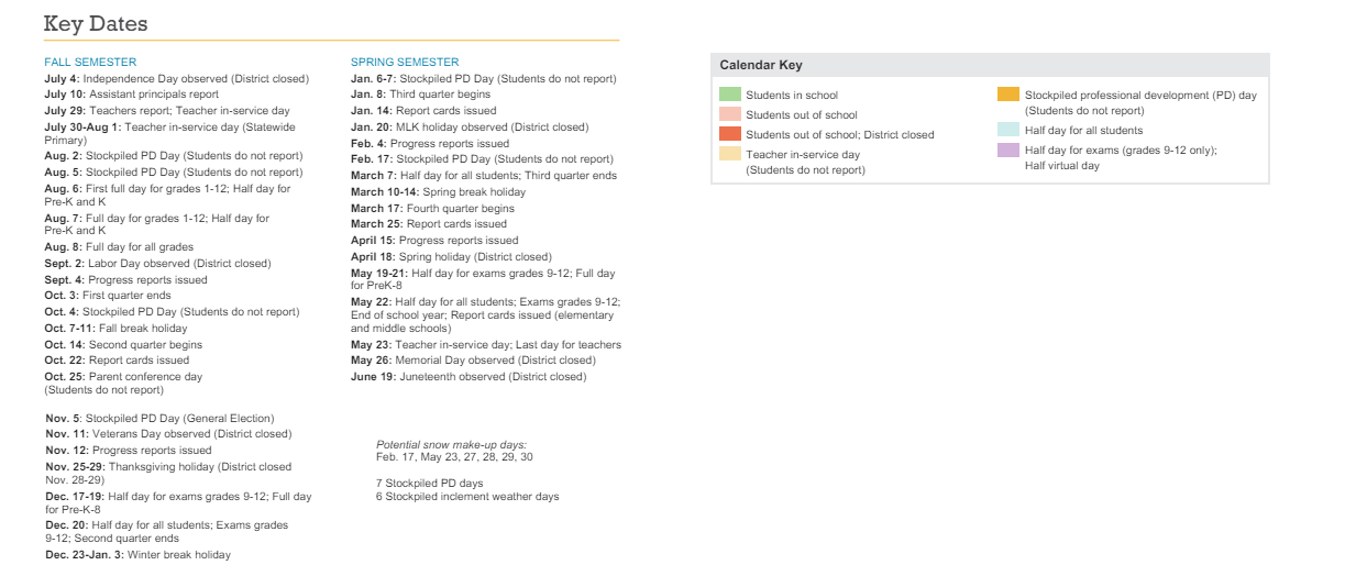 District School Academic Calendar Key for Stanford Elementary Montessori Design Center