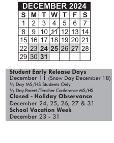 District School Academic Calendar for John B Devalles for December 2024