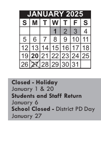 District School Academic Calendar for John B Devalles for January 2025