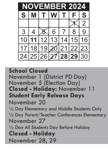 District School Academic Calendar for John B Devalles for November 2024