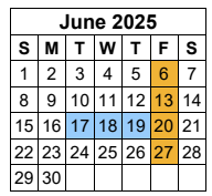District School Academic Calendar for Valley Ranch Elementary for June 2025