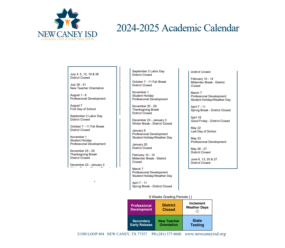 District School Academic Calendar Key for New Caney Sixth Grade Campus