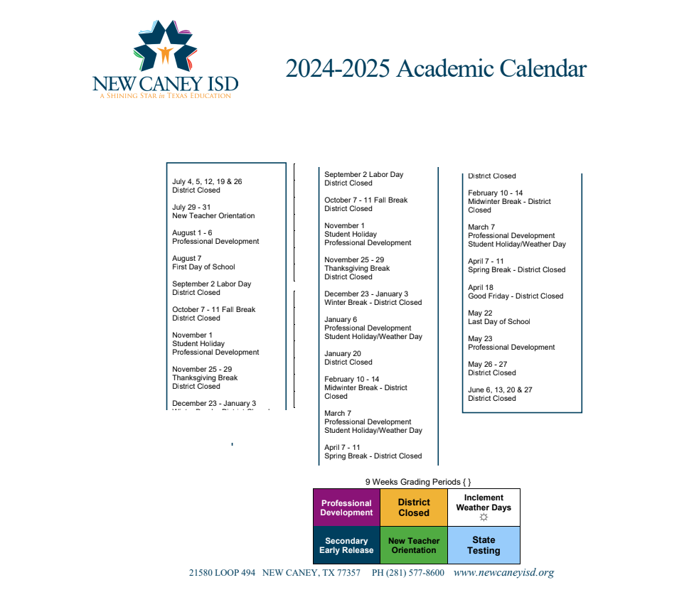 District School Academic Calendar Key for New Caney Elementary