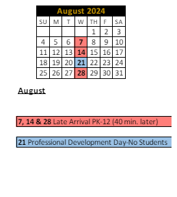 District School Academic Calendar for North Elementary School for August 2024