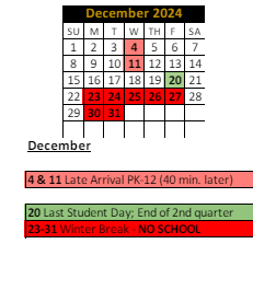 District School Academic Calendar for North Elementary School for December 2024