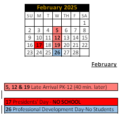 District School Academic Calendar for North Elementary School for February 2025