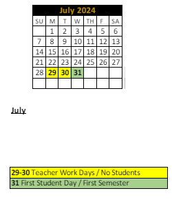 District School Academic Calendar for North Elementary School for July 2024