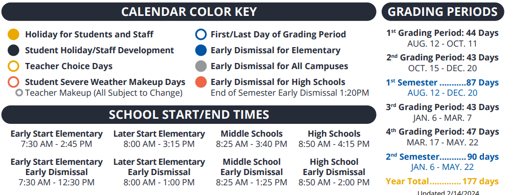 District School Academic Calendar Key for Clear Spring Elementary School