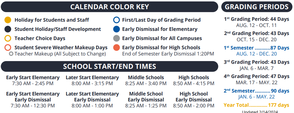 District School Academic Calendar Key for Regency Place Elementary School