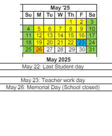 District School Academic Calendar for Ossian Elementary for May 2025