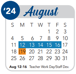 District School Academic Calendar for O'connor High School for August 2024