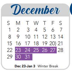 District School Academic Calendar for Marshall High School for December 2024