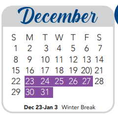 District School Academic Calendar for School Aged Parenting Program for December 2024