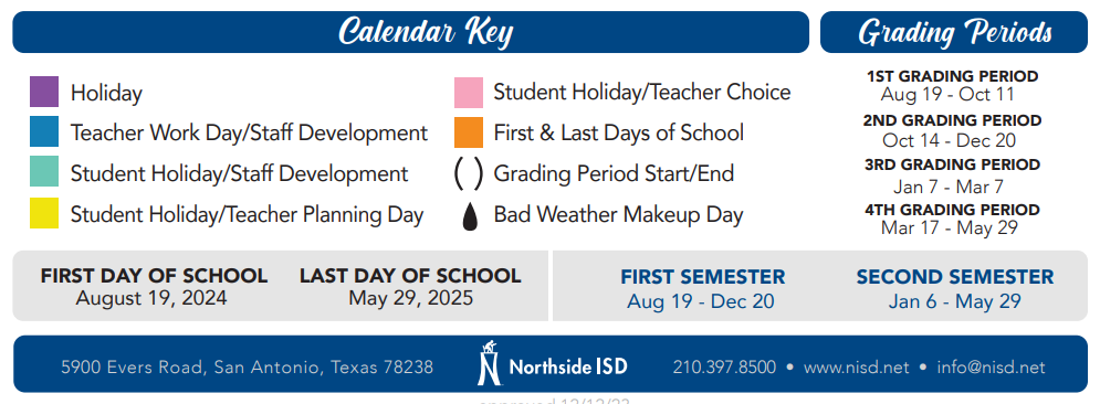 District School Academic Calendar Key for O'connor High School