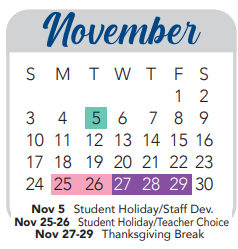 District School Academic Calendar for Rayburn Middle School for November 2024