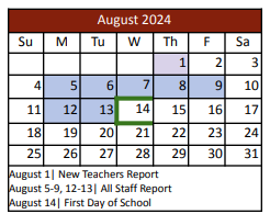 District School Academic Calendar for Kay Granger Elementary for August 2024