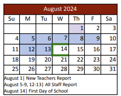 District School Academic Calendar for Justin Elementary for August 2024