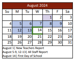 District School Academic Calendar for Lakeview Elementary for August 2024