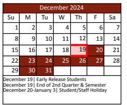 District School Academic Calendar for Kay Granger Elementary for December 2024