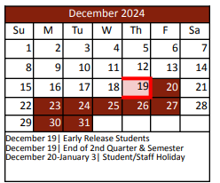 District School Academic Calendar for Justin Elementary for December 2024