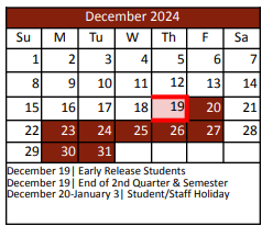 District School Academic Calendar for Denton Creek for December 2024