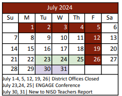 District School Academic Calendar for Kay Granger Elementary for July 2024