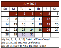 District School Academic Calendar for Justin Elementary for July 2024