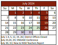 District School Academic Calendar for J Lyndal Hughes Elementary for July 2024