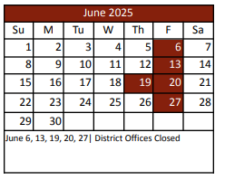 District School Academic Calendar for J Lyndal Hughes Elementary for June 2025