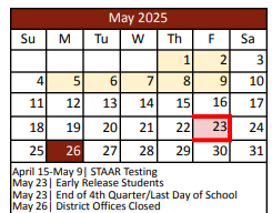 District School Academic Calendar for J Lyndal Hughes Elementary for May 2025