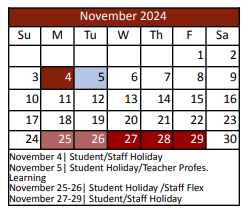 District School Academic Calendar for W R Hatfield Elementary for November 2024
