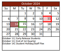 District School Academic Calendar for Denton Co J J A E P for October 2024