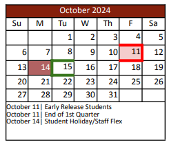 District School Academic Calendar for Justin Elementary for October 2024