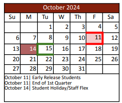 District School Academic Calendar for Sonny & Allegra Nance Elementary for October 2024