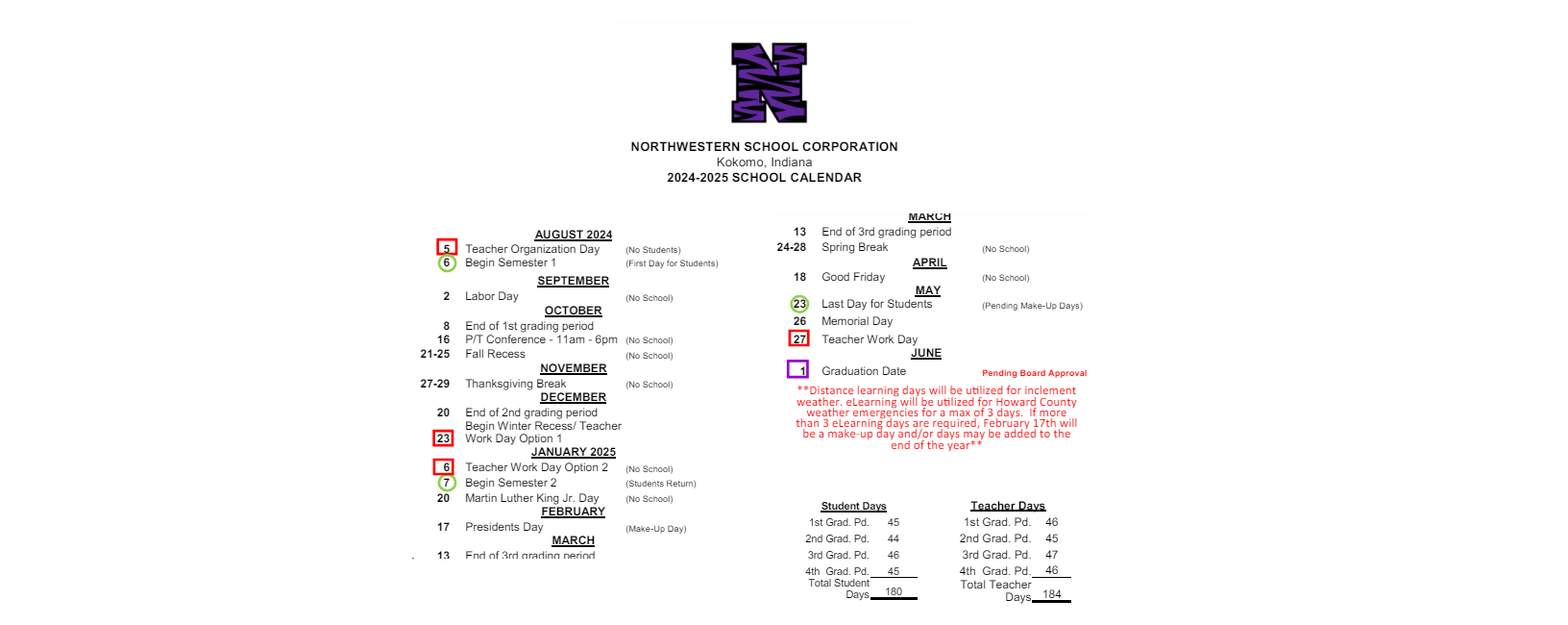 District School Academic Calendar Key for Howard Elementary School
