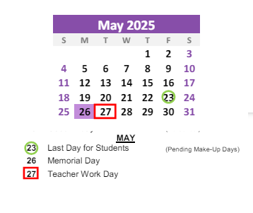 District School Academic Calendar for Howard Elementary School for May 2025