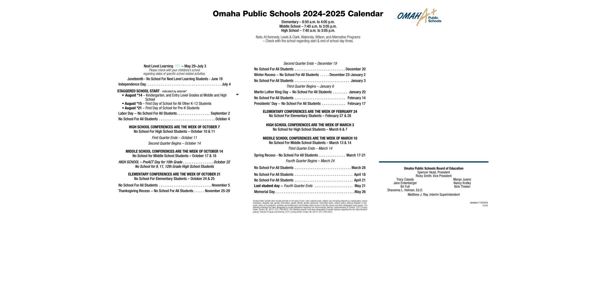 District School Academic Calendar Key for Parrish Program