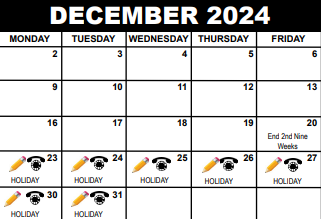 District School Academic Calendar for South Grade Elementary School for December 2024
