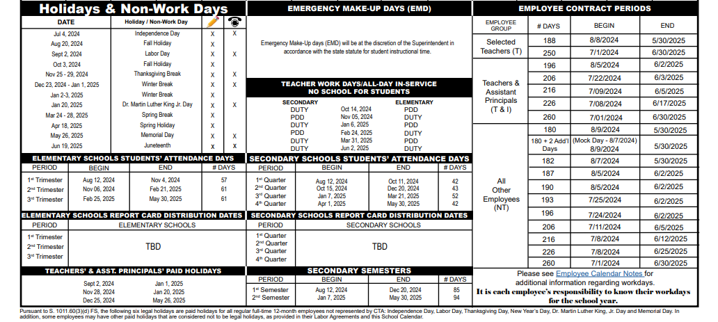 District School Academic Calendar Key for Jupiter Elementary School