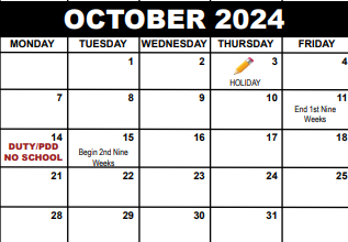 District School Academic Calendar for Northmore Elementary School for October 2024
